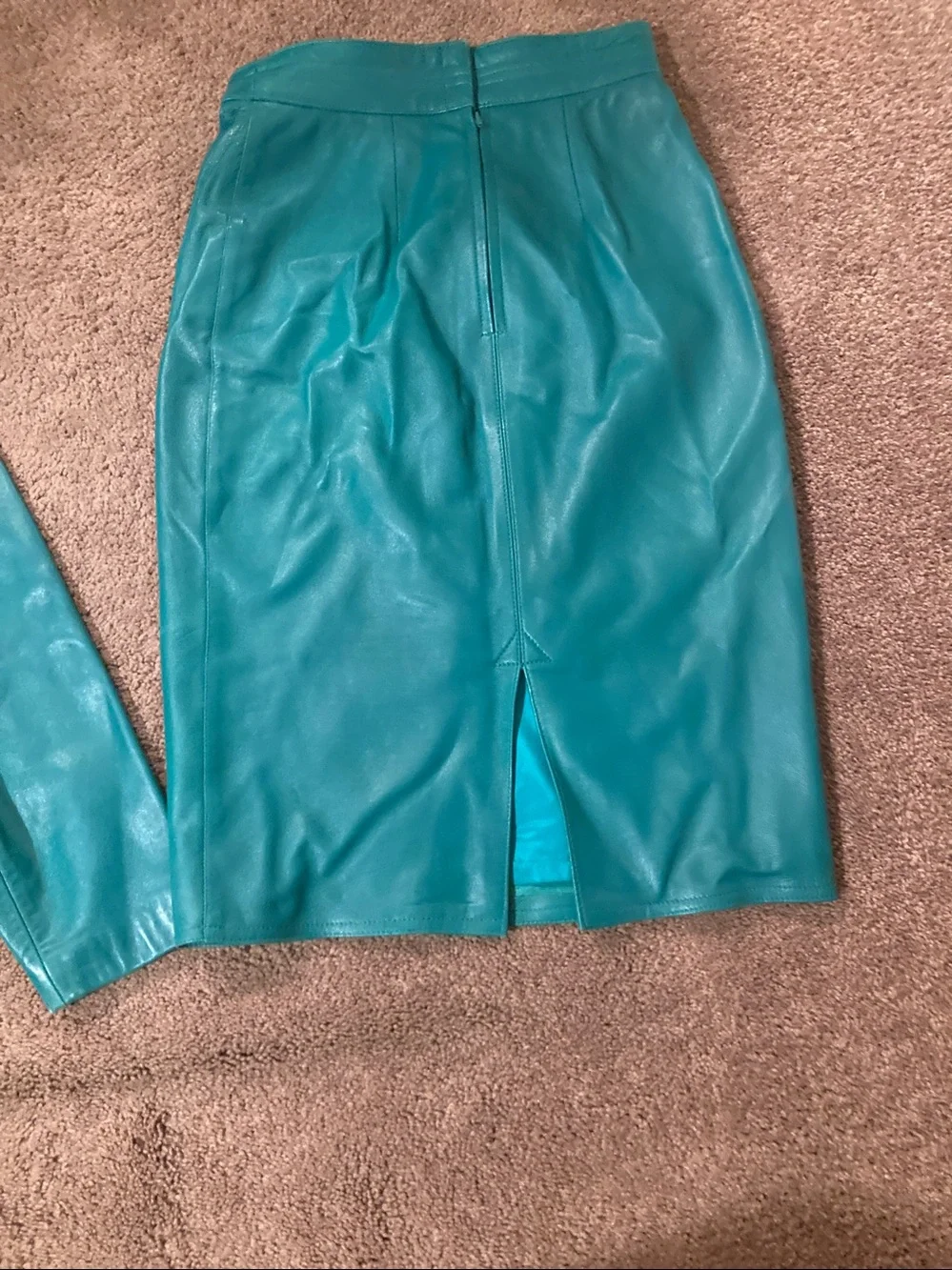 Teal Leather Jacket and Skirt Set